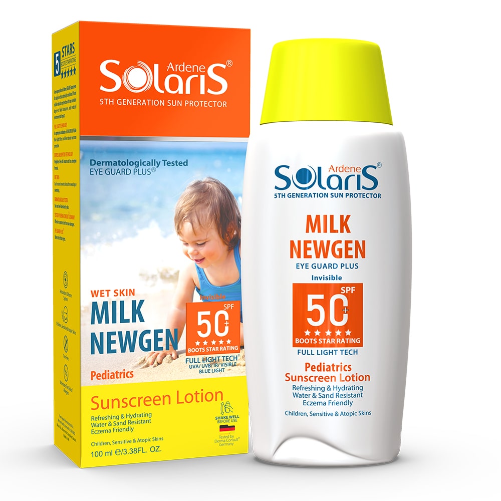 لوسیون ضدآفتاب SPF 50 مناسب کودکان و پوست های حساس آردن سولاریس MILK NEWGEN